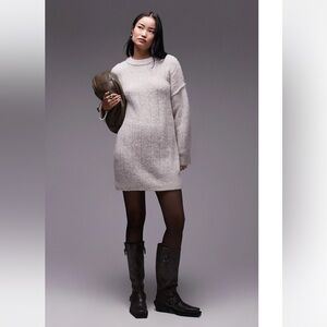 Topshop Long Sleeve Rib Minidress, STONE, Size XSmall